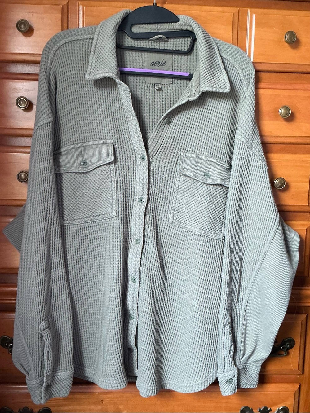 Aerie Sage Green Waffle Button Up Shirt Jacket Size M Excellent Condition